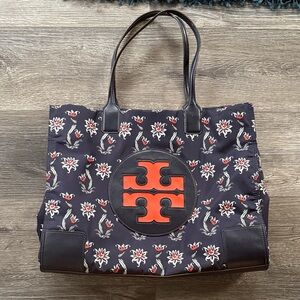 Tory Burch Navy and Orange Patterned Tote